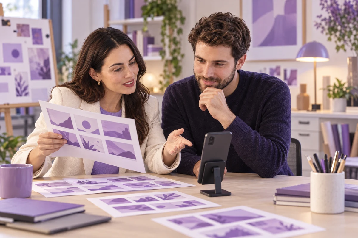 Profesionales ilustrativos revisando un guion y material para un vídeo publicitario.