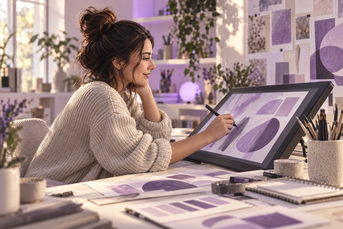 Profesional ilustrativa dibujando piezas gráficas con una tableta.
