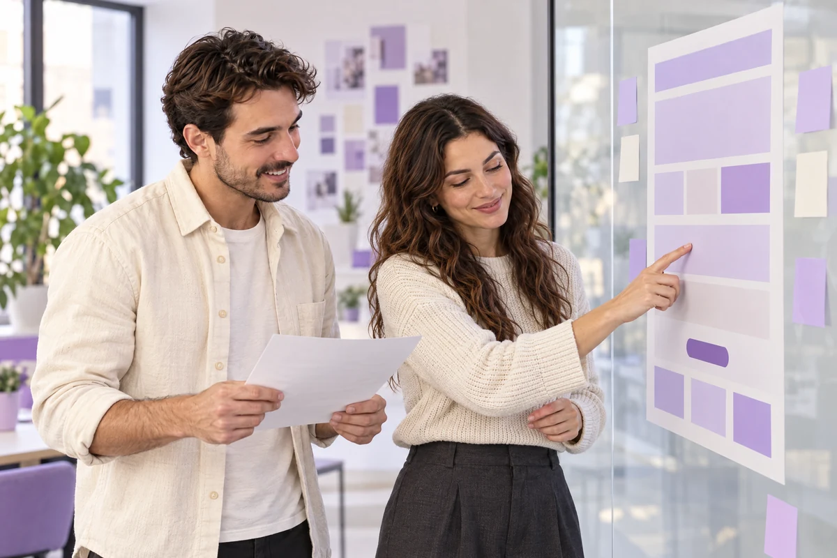 Profesionales ilustrativos planificando la estructura de una landing page.